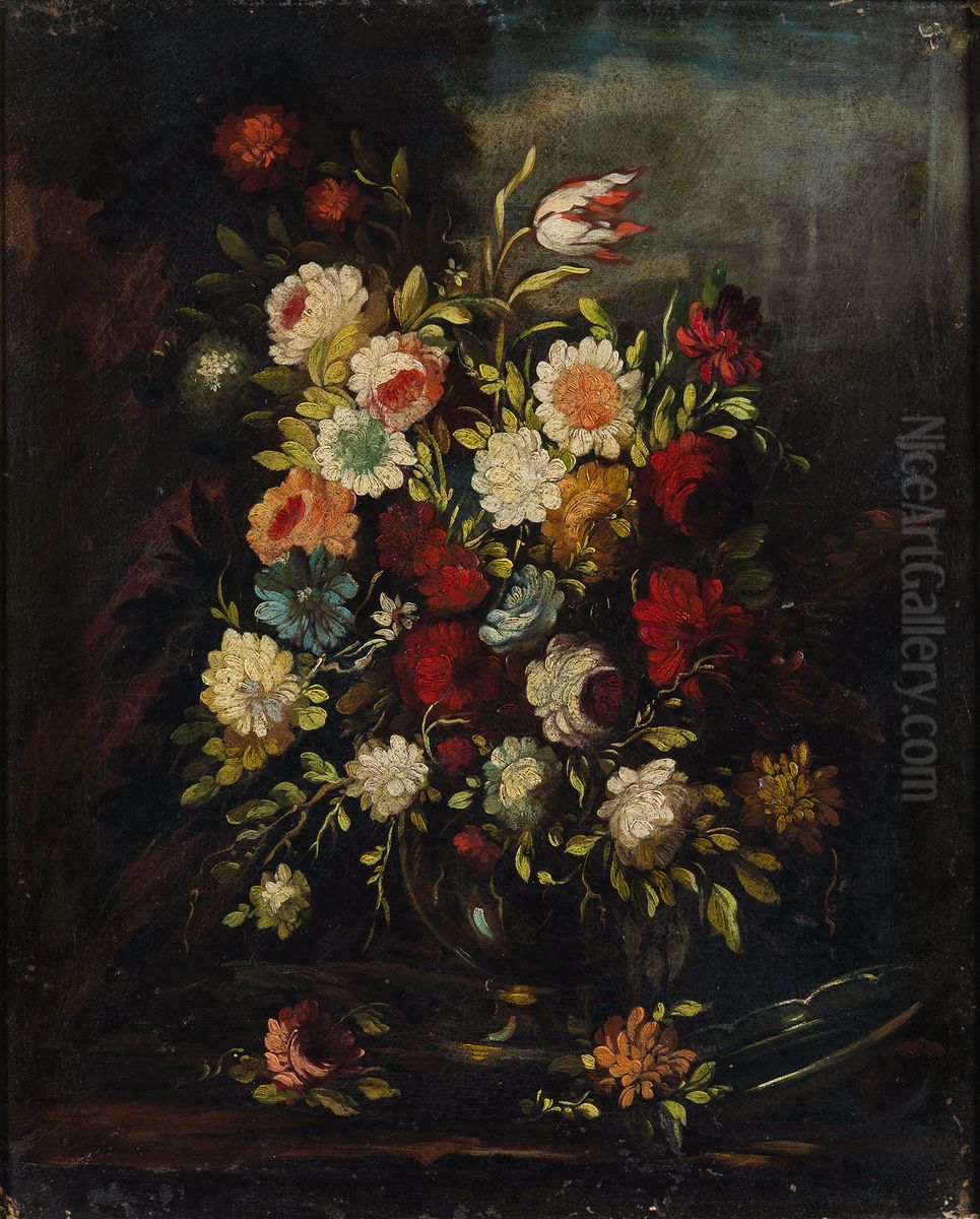 Flowers in a vase on a stone ledge Oil Painting by Francesco Caldei