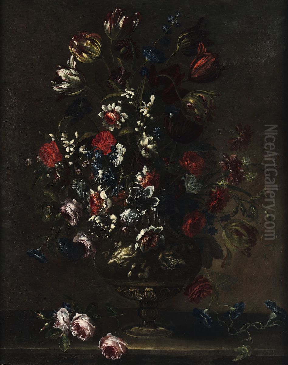 Flowers in a decorative vase Oil Painting by Francesco Caldei