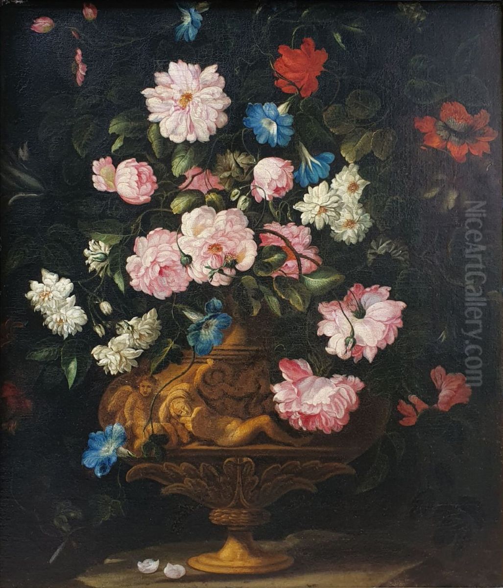 Flowers in a vase on a stone ledge Oil Painting by Francesco Caldei
