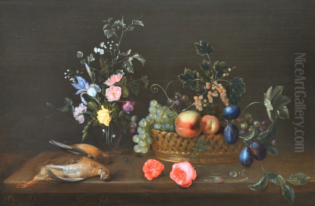 A vase with flowers, a basket of fruit and two dead birds on a wooden ledge Oil Painting by Frans Ykens