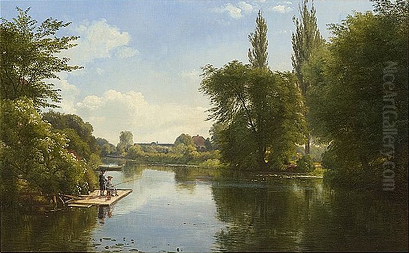 Fiskeri fra tommerflade. Oil Painting by Carl Frederik Aagaard