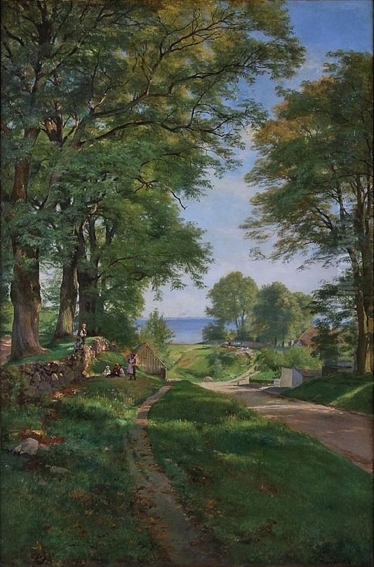 Parti fra Oresundskysten, i forgrunden legende born. Oil Painting by Carl Frederik Aagaard