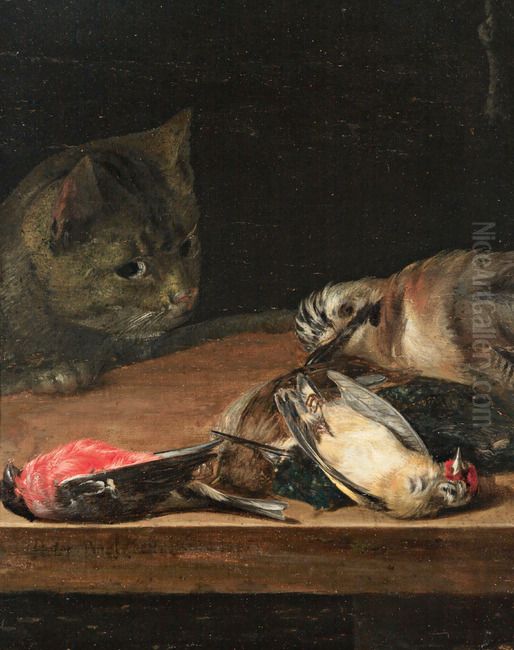 Still life of dead birds, with a cat Oil Painting by Pieter Van Overschie