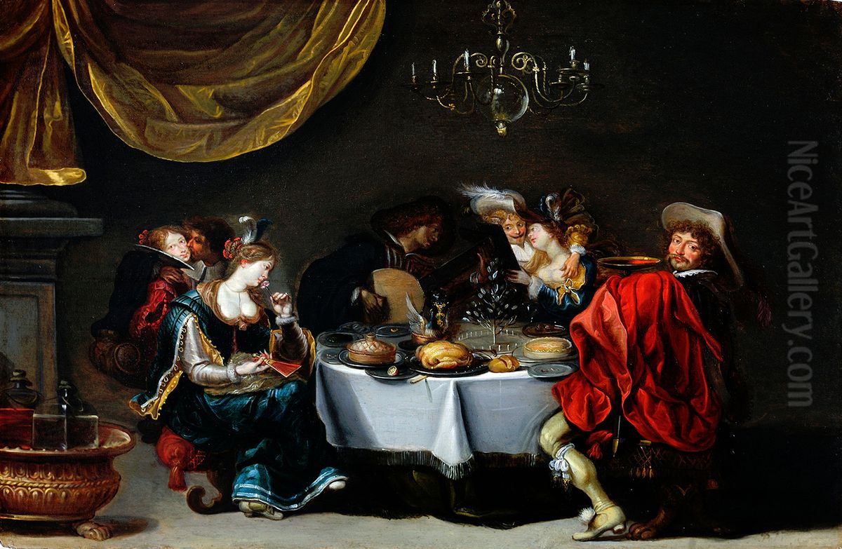 Merry company in an interior (Allegory of the five senses Oil Painting by Simon de Vos