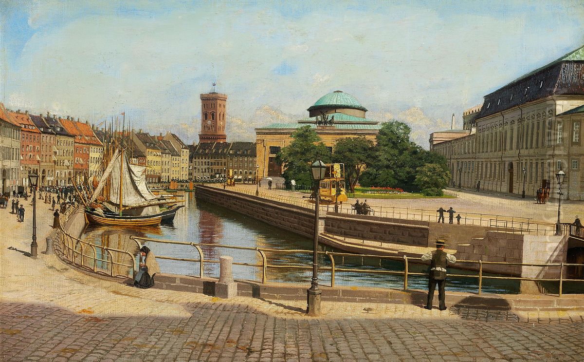 Udsigt over Kanalen ved Gammel Strand med Nikolaj Taarn, Thorvaldsens Museum og Christiansborg i Baggrunden. Oil Painting by Adolf Heinrich-Hansen