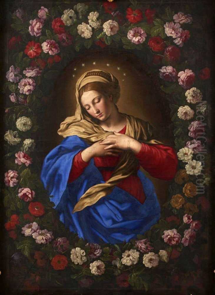 Our Lady in a garland of roses. Oil Painting by Giovanni Battista Salvi da Sassoferrato