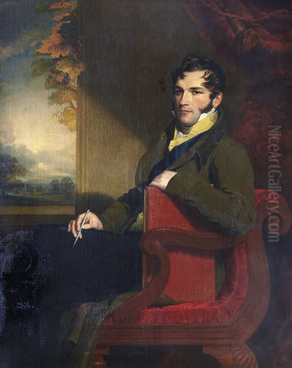 Portret van Leopold I, in een zetel met een potlood in de hand Oil Painting by Samuel William Reynolds
