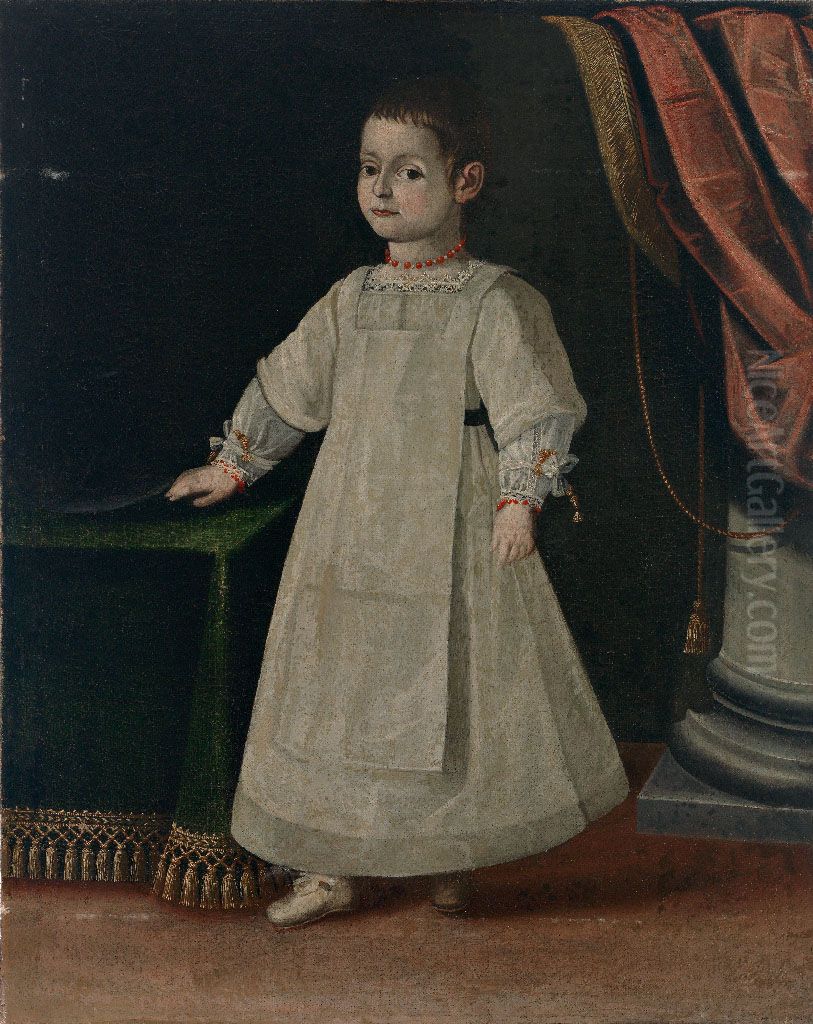 Portrait eines adeligen Kindes im weissen Gewand mit Spitzenbesatz und Korallenschmuck Oil Painting by Unidentified painter