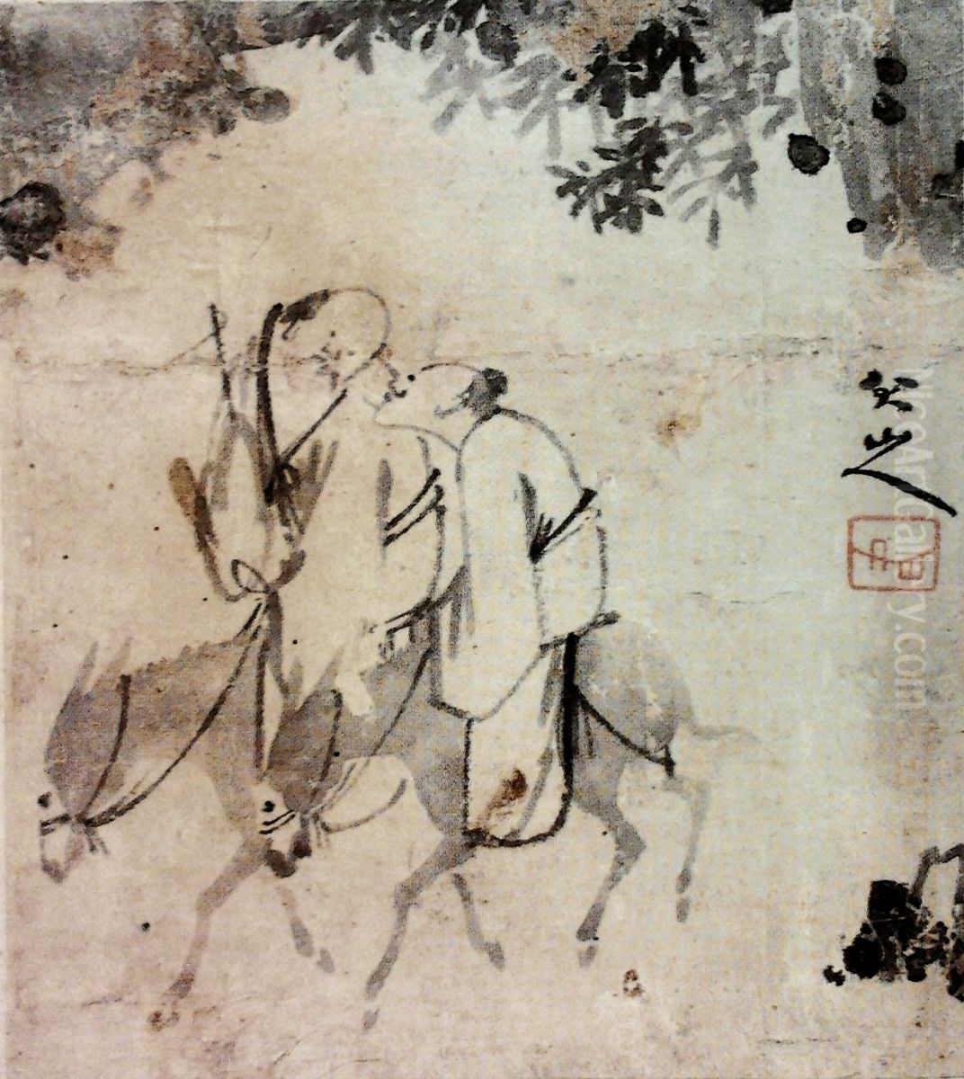 Travellers on donkeys. Oil Painting by Bada Shanren