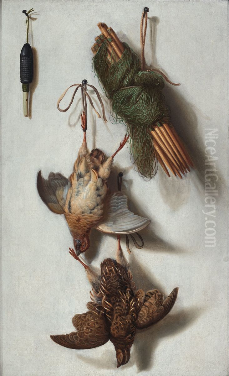 Trompe l'Oeil of Dead Fowl, a Hunting Net and a Whistle Suspended from four Nails Oil Painting by Jacob Biltius
