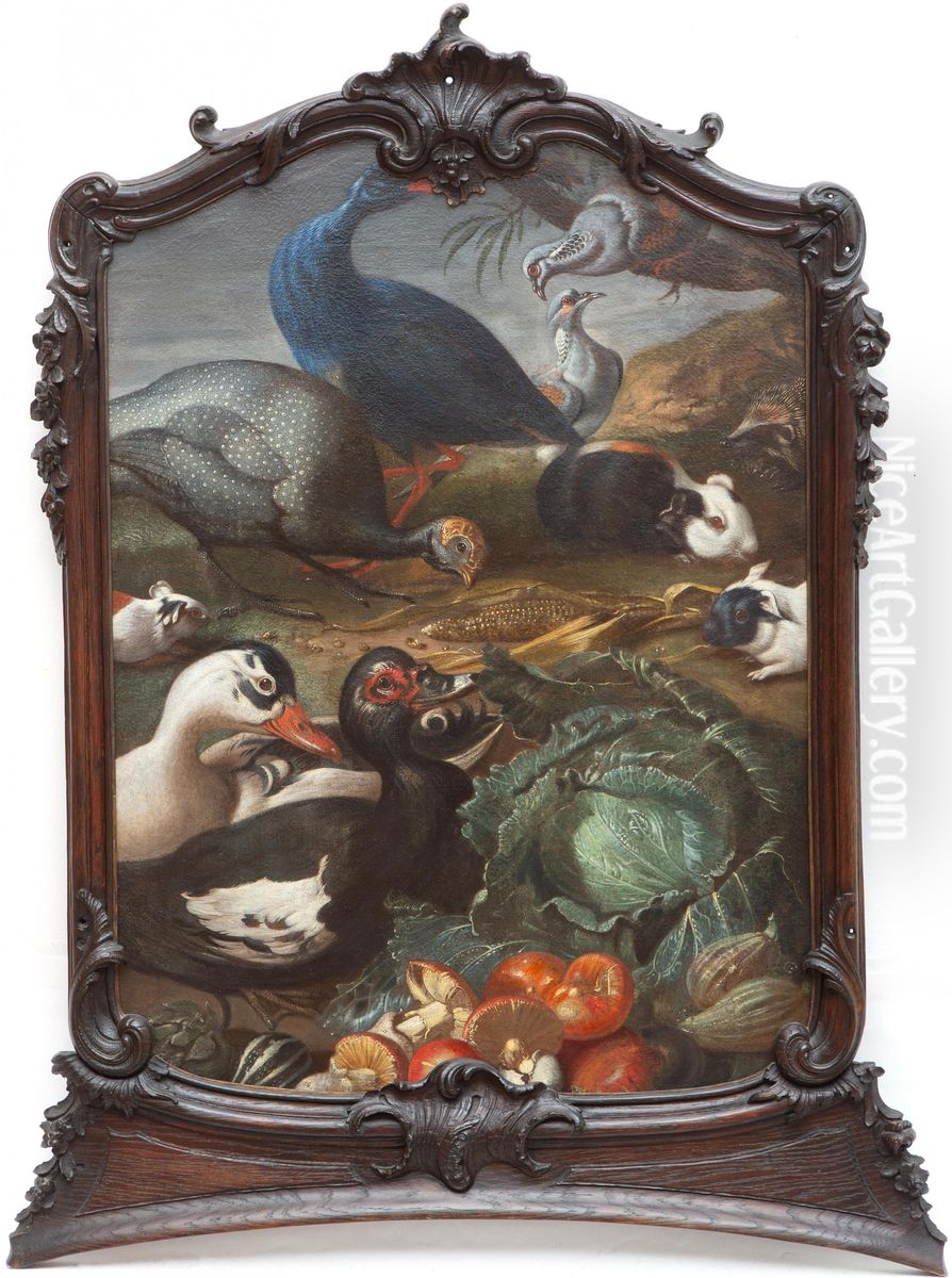 Ducks, guineafowl, pigeons, guinea pigs and a hedgehog with vegetables Oil Painting by Jacob van der (Giacomo da Castello) Kerckhoven