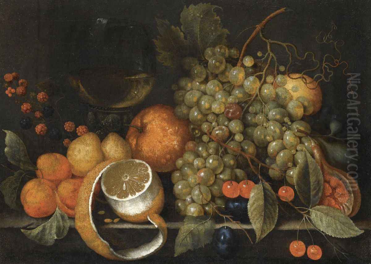 A still life with grapes, oranges, berries, a roemer of wine and partly peeled lemon on a stone ledge Oil Painting by Cornelis De Bryer