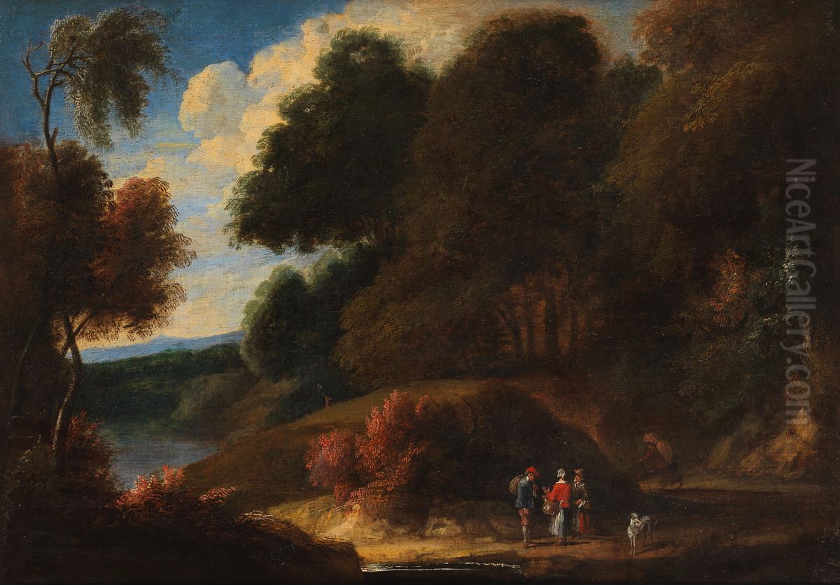 Wooded landscape with travellers and a dog on a path near a pond Oil Painting by Philip Van Dapels