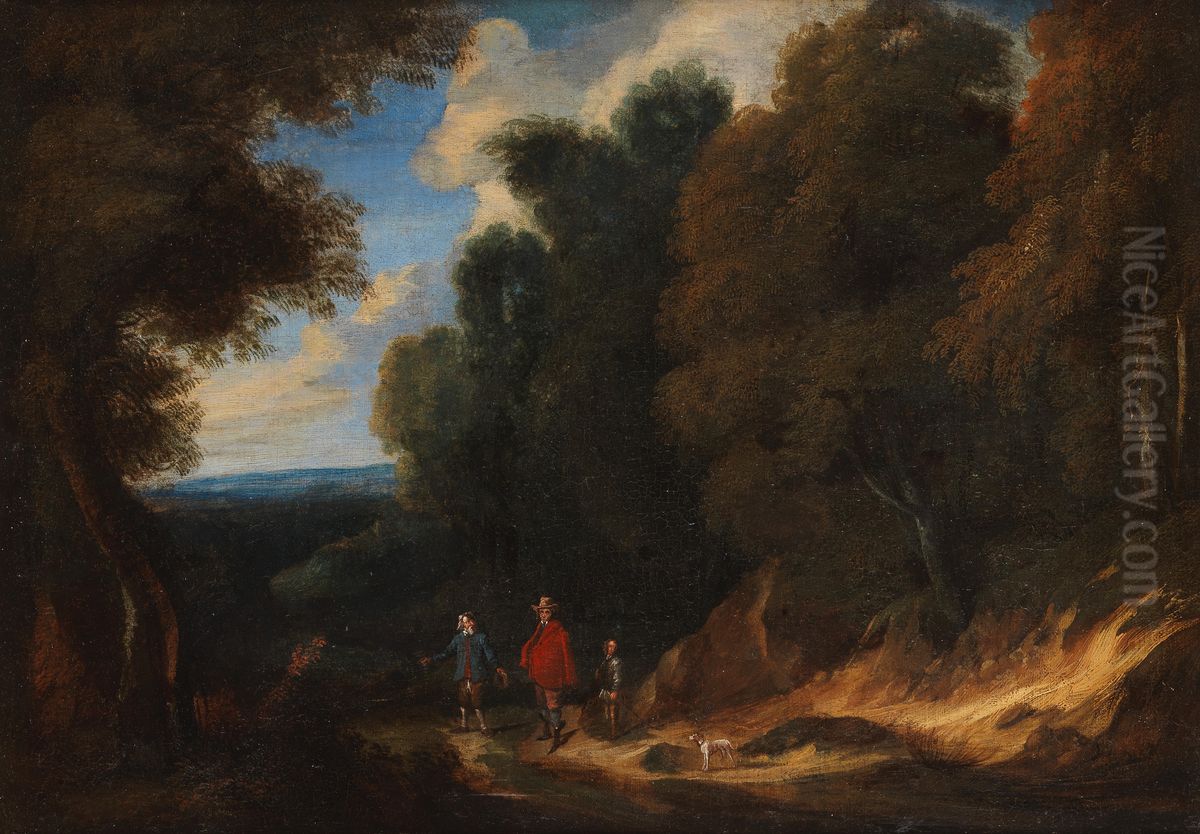 Wooded landscape with travellers and a dog on a path Oil Painting by Philip Van Dapels