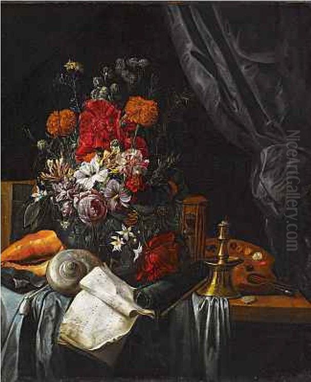 Vanitas still life with flowers, an hourglass, conch shell, a palette and brushes Oil Painting by Carel Fonteyn