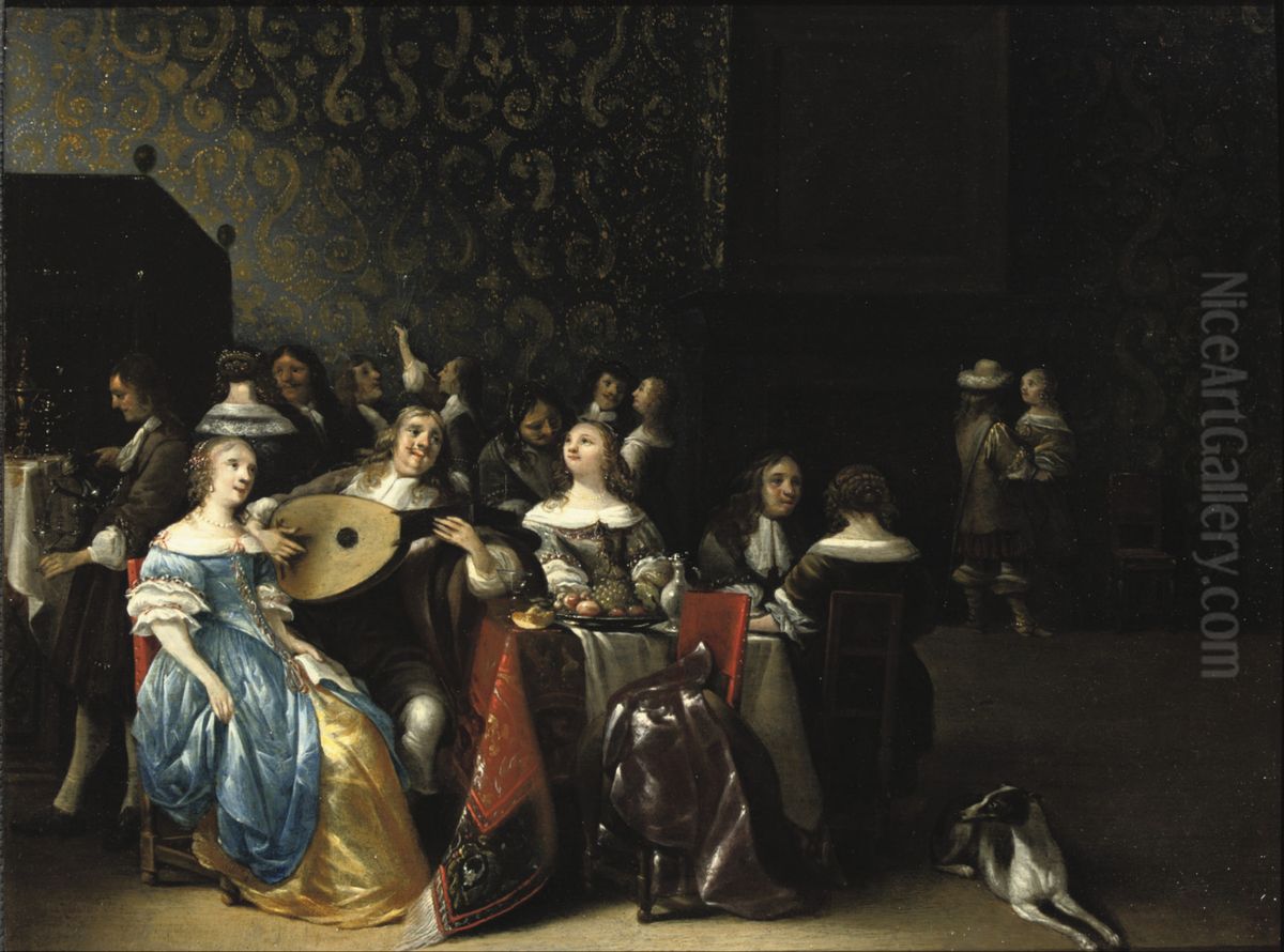 An elegant company making merry in an interior Oil Painting by Anthonie Palamedesz.