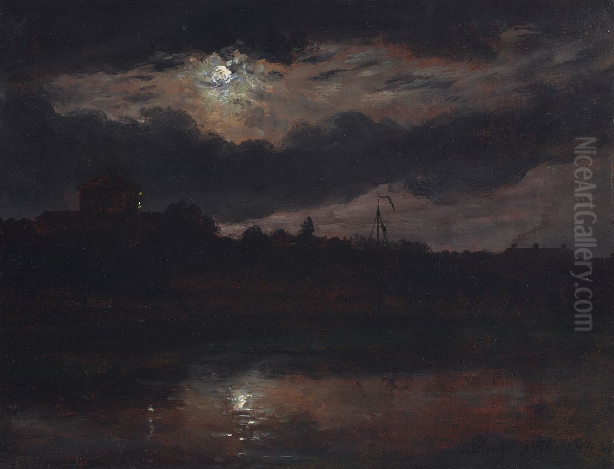 Dresden by moonlight Oil Painting by Johan Wilhelm Ludwig Dahl