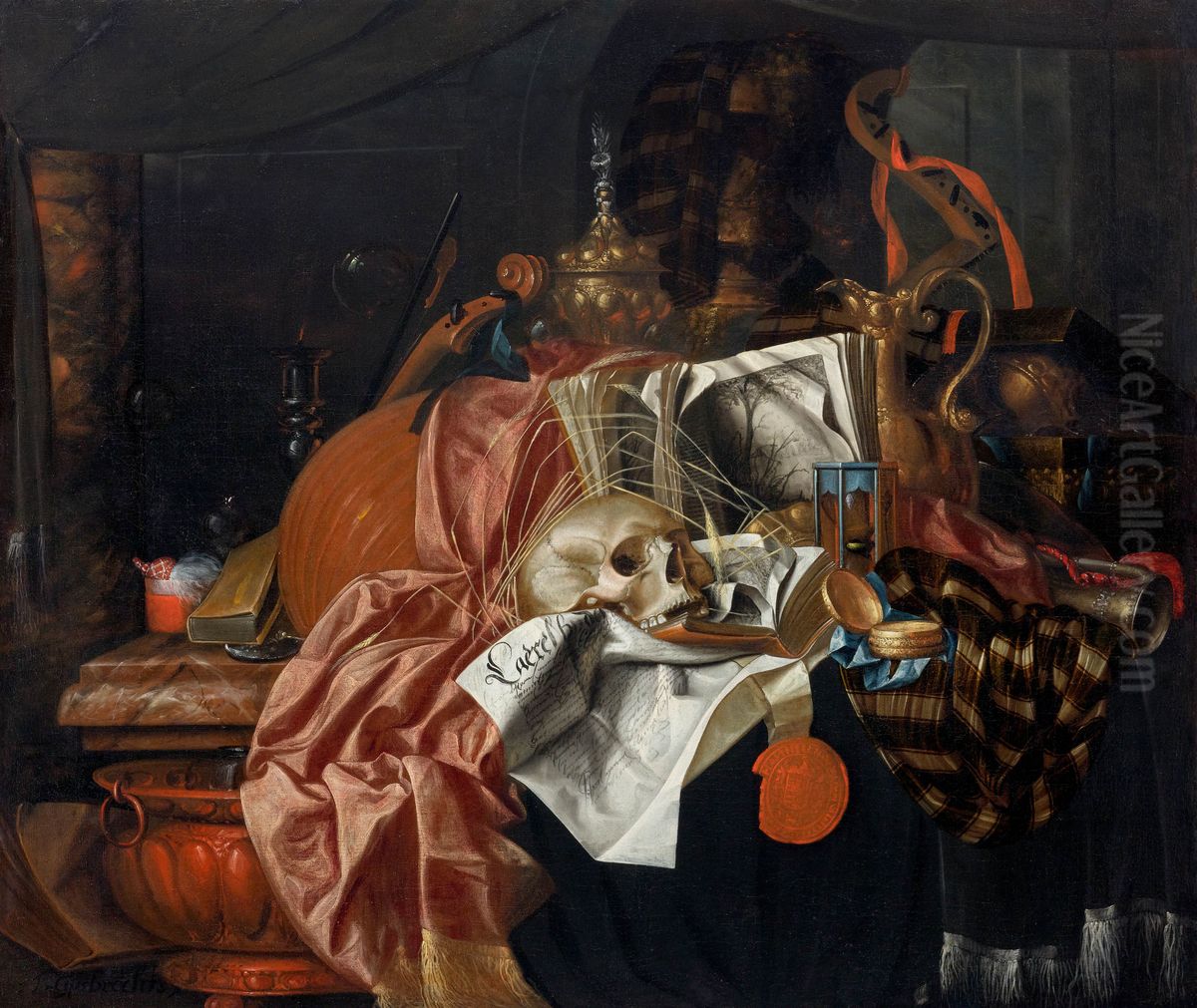 Vanitas with musical instruments, fine vessels, books, an extinguished candle, a skull and ears of wheat Oil Painting by Franciscus Gijsbrechts