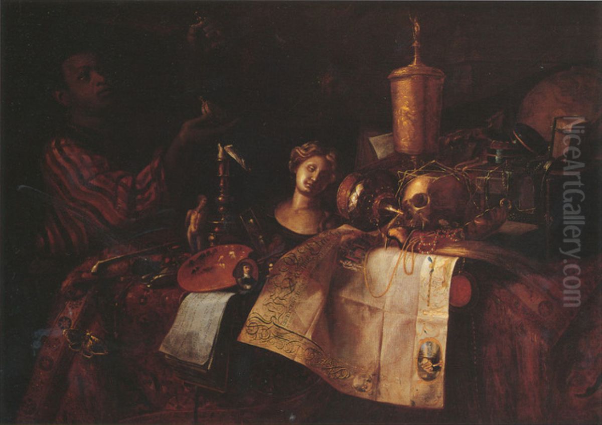 Vanitas still life with a young Moor presenting a pocketwatch Oil Painting by Cornelis Norbertus Gijsbrechts