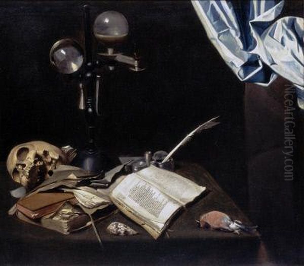 Vanitas still life with a skull, books and writing implements on a table Oil Painting by Joannes de Cordua