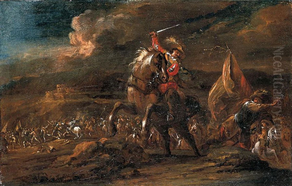 A cavalier trying to kill a standard bearer during a Battle Oil Painting by Pieter Hofman