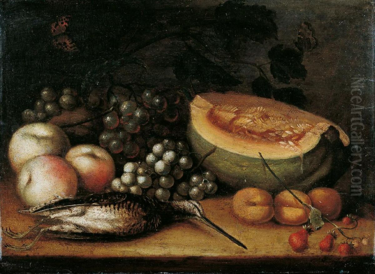 Still life of fruit and a dead snipe Oil Painting by Cornelis De Bryer