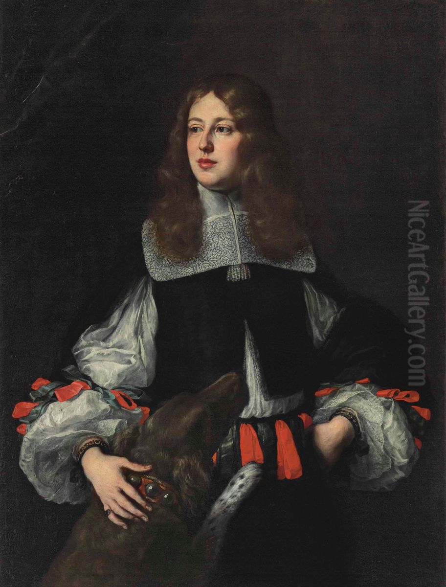 Portrait of Orazio Piccolomini, three-quarter-length, with a dog Oil Painting by Justus Sustermans