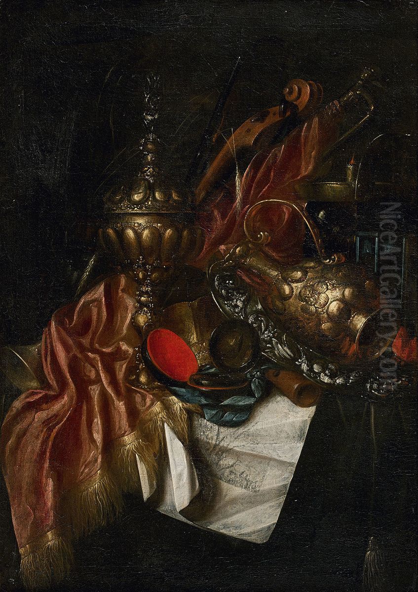 Still life with drapery and gilded jugs Oil Painting by Cornelis Norbertus Gijsbrechts