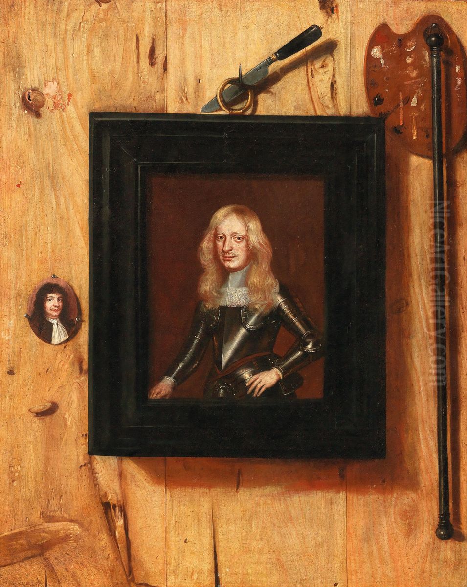Trompe-l'oeil with a portrait of a soldier, a portrait miniature and a palette Oil Painting by Cornelis Norbertus Gijsbrechts