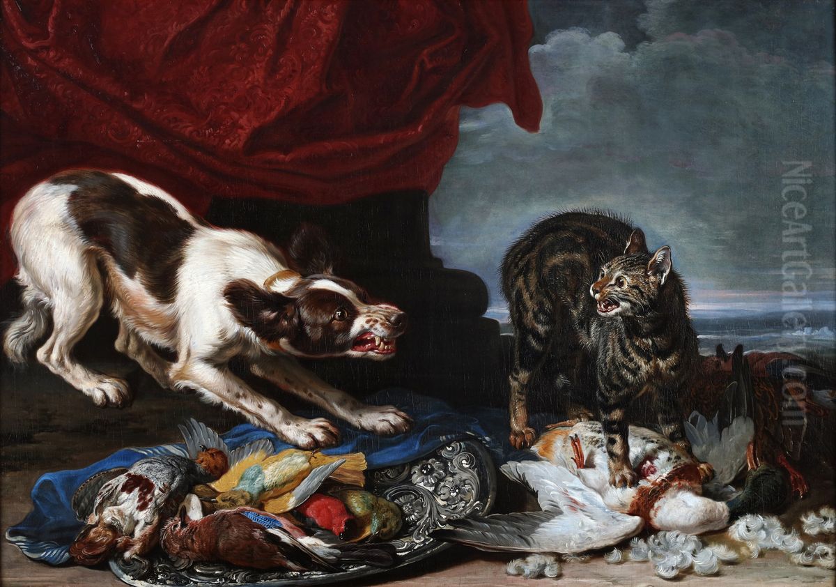 A cat and a dog fighting over fowl Oil Painting by David de Coninck