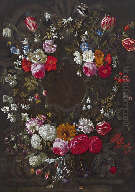 Stone cartouche surrounded by flowers Oil Painting by Bartholomeus Van Winghen