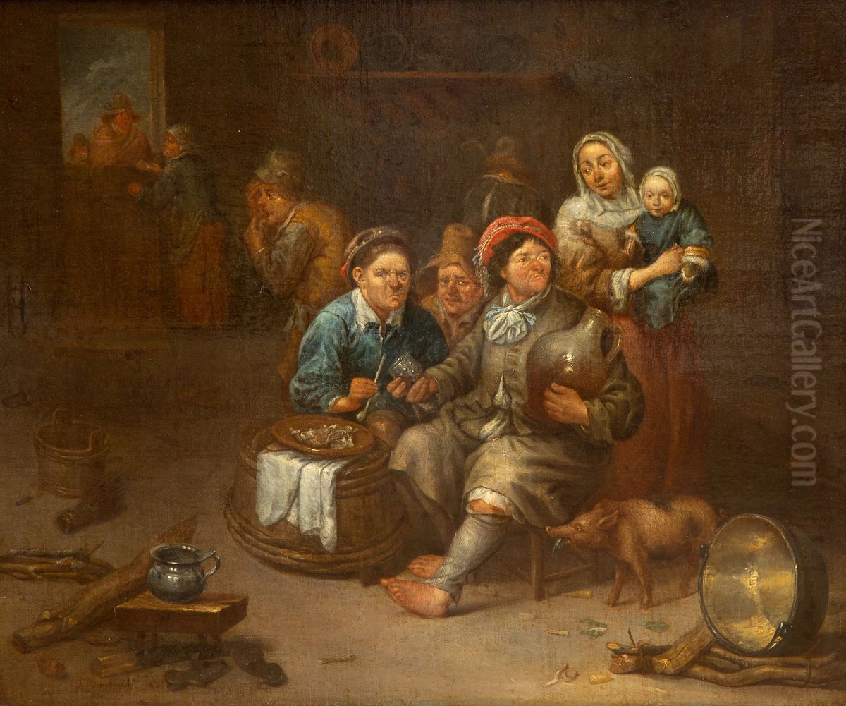 Peasants drinking and smoking with a pig eating the food scraps Oil Painting by Adriaen Rombouts