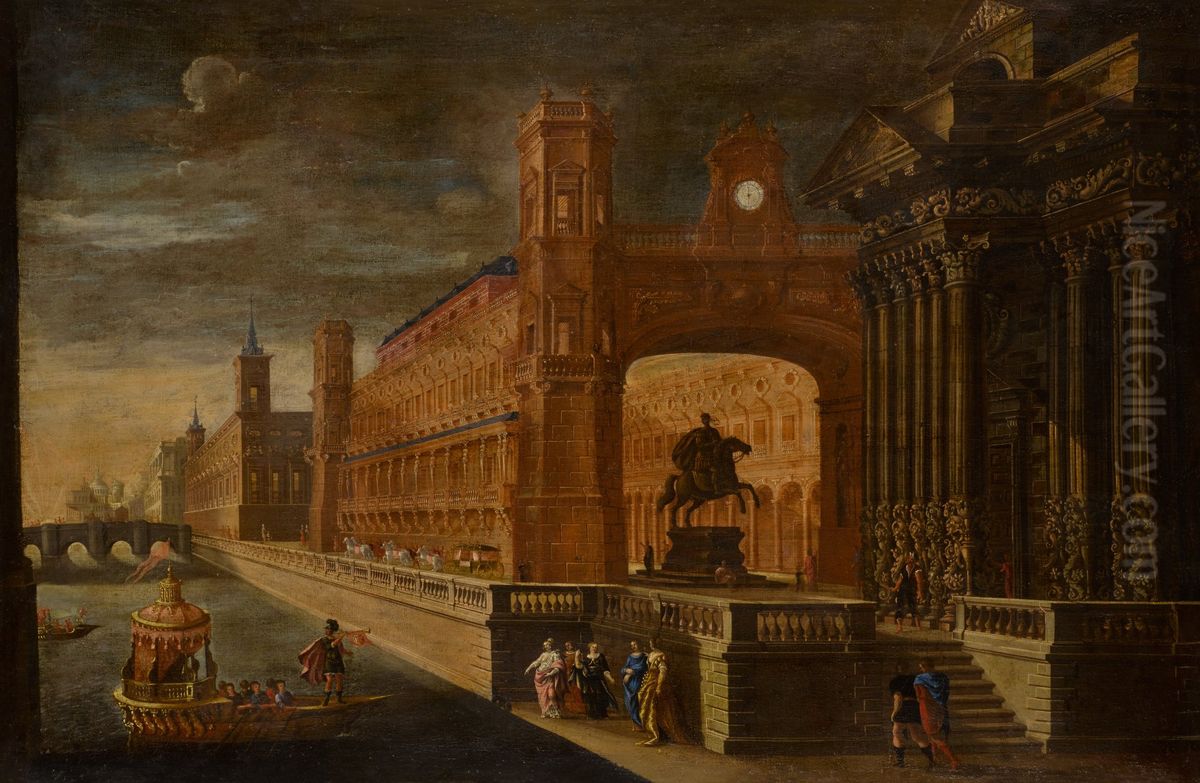 Architectural capriccio, with Aeneas's arrival in Carthage in the foreground Oil Painting by Vicente Giner