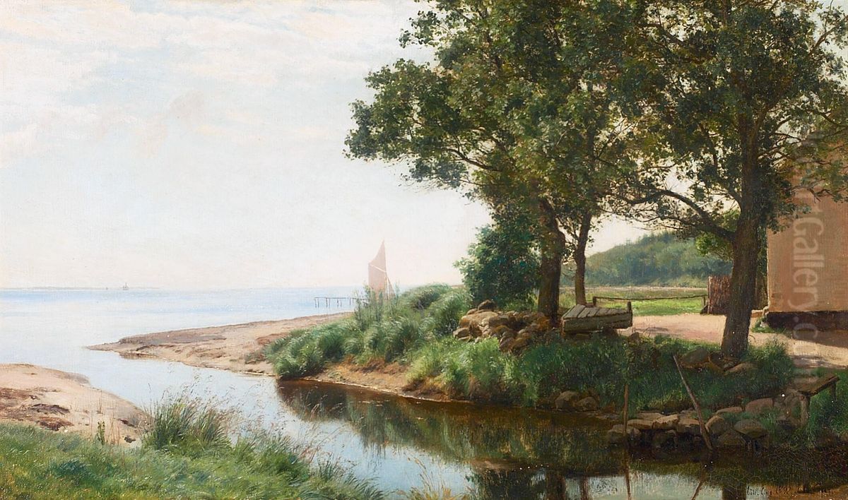 Along the coast with sailing boat and house at a river mouth. Oil Painting by Janus Andreas Bartholin La Cour