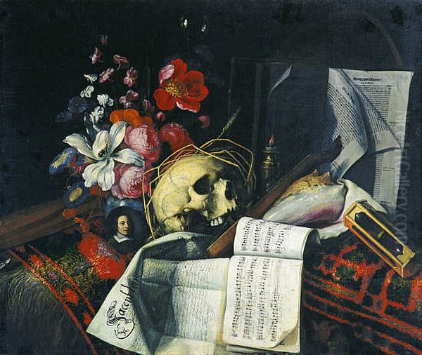 Vanitas still life with flowers, skull, documents and miniature portrait of the artist Oil Painting by Cornelis Norbertus Gijsbrechts