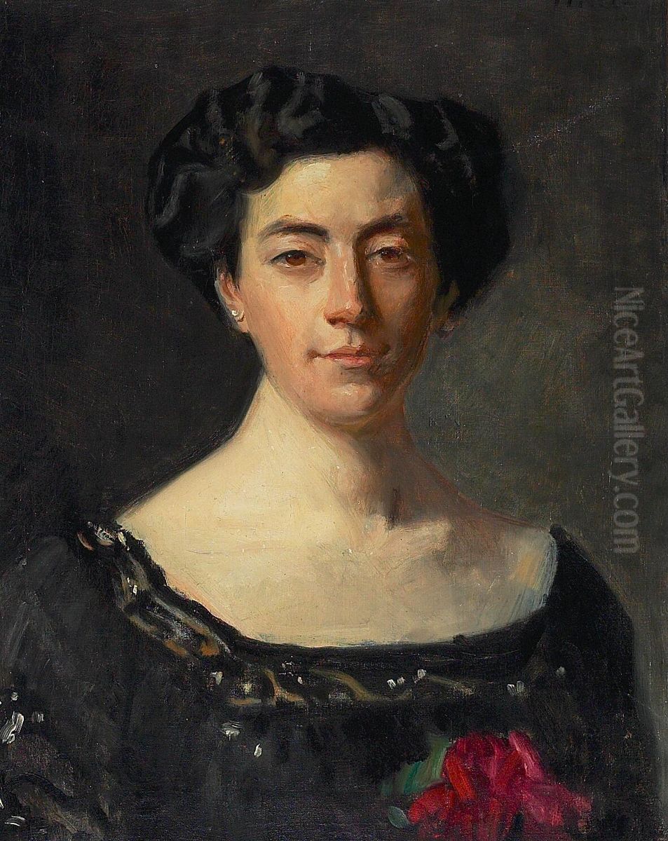 Portraet af froken Neergaard i sort kjole med rod blomst. Oil Painting by Michael Peter Ancher