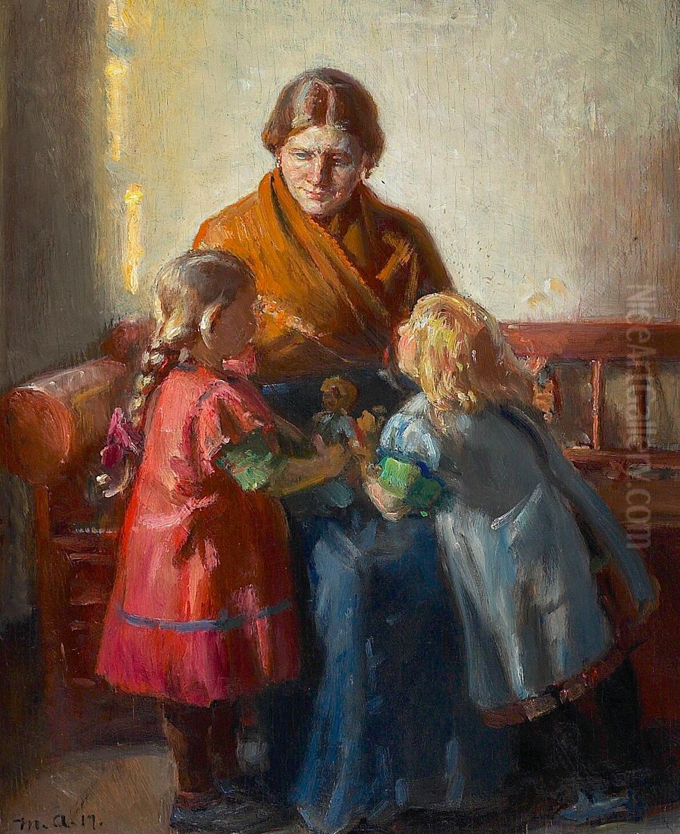 Interior med moder og to born. Oil Painting by Michael Peter Ancher