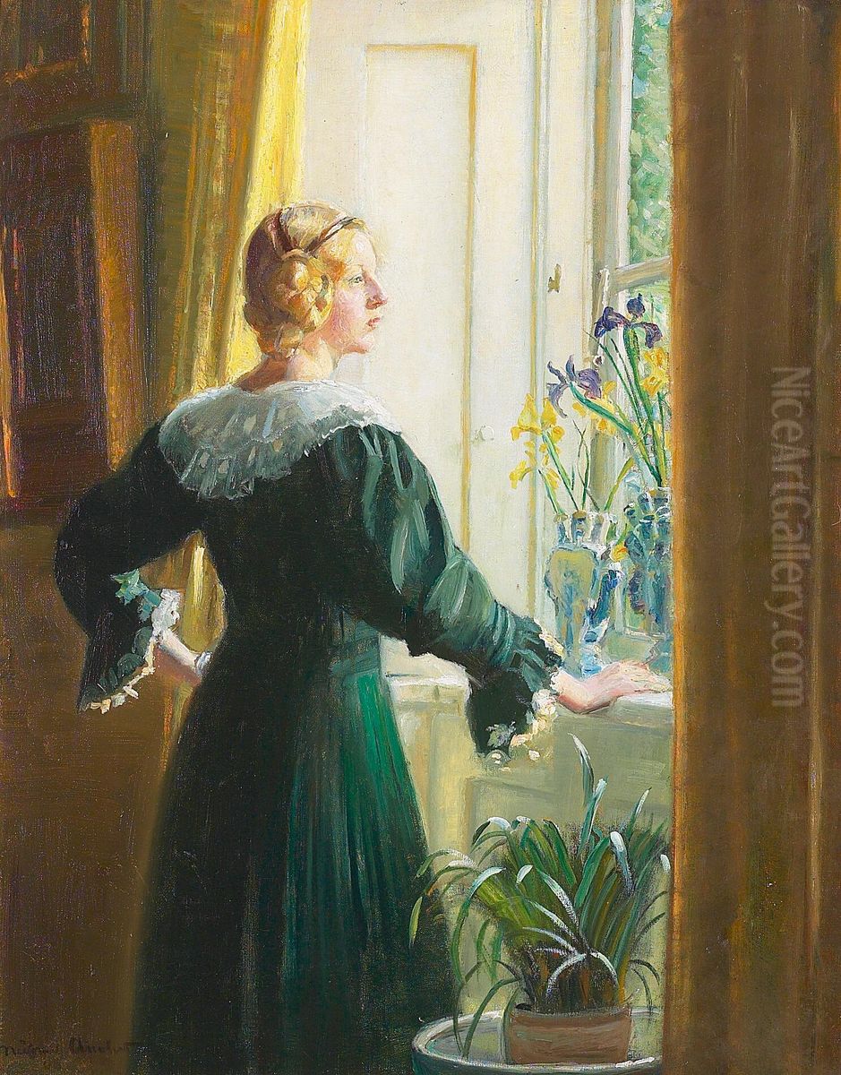 Interior med kunstnerens datter, Helga Ancher, staende i sollyset ved vinduet. Oil Painting by Michael Peter Ancher