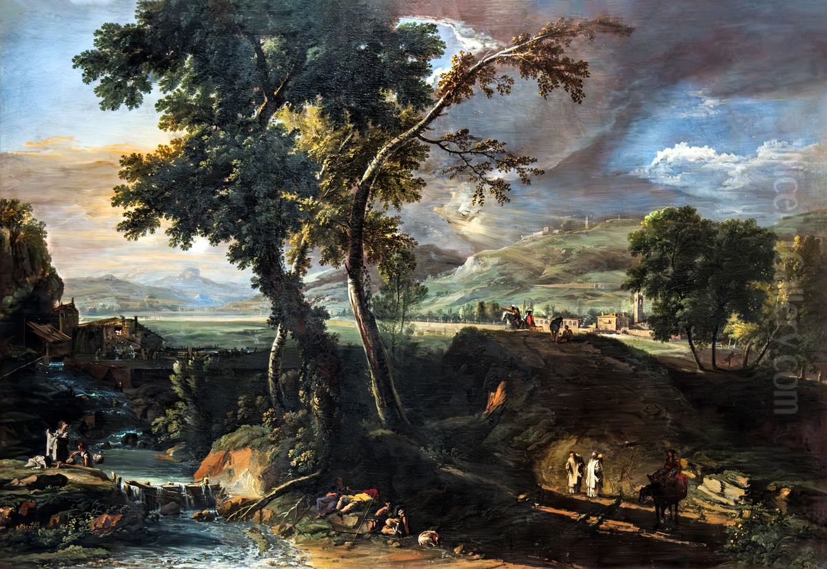 Landscape with Streams, Monks, and Washerwomen Oil Painting by Marco Ricci