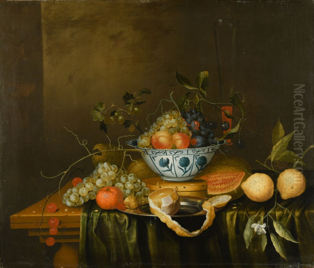 Still life with a Wanli kraak bowl with peeled lemons, melon, grapes, peaches, an orange, and cherries on a table draped with green velvet cloth Oil Painting by Theodoor Aenvanck