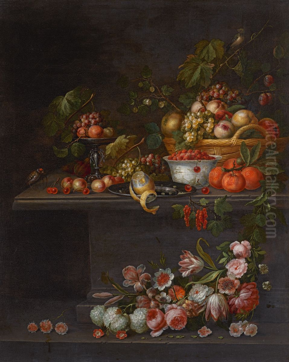 Fruit still life on a stone table with flowers below Oil Painting by Pseudo-Simons