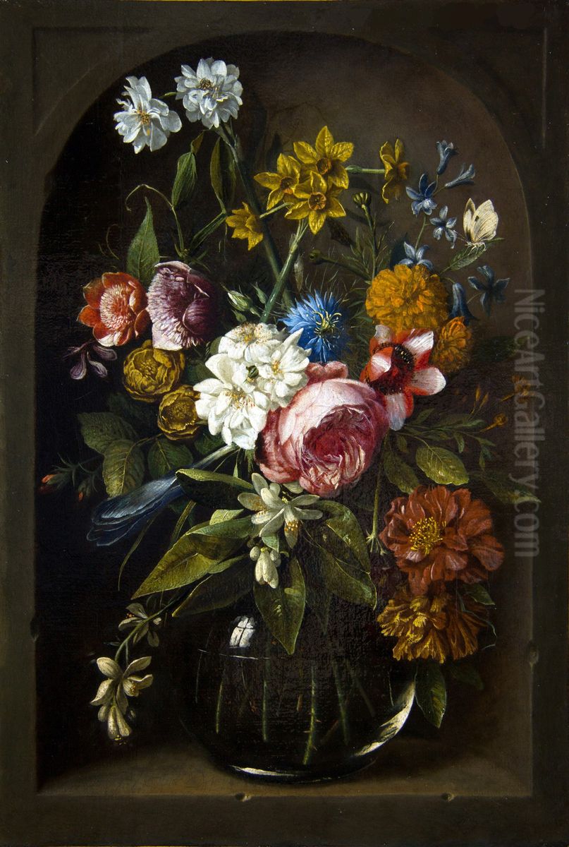 Roses, narcisses, anemonies, love-in-a-mist, orange blossom, French marigolds and other flowers in a glass vase in a stone niche Oil Painting by Gaspar Peeter Verbruggen the Elder