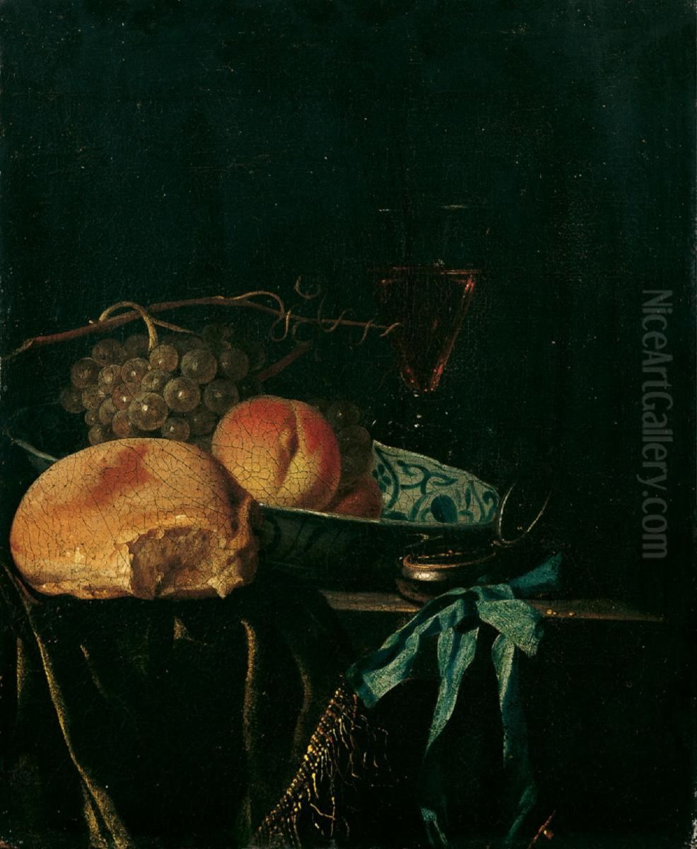 Still life with bread, grapes, fruit in a Wanli bowl and an hour glass Oil Painting by Gillis van Hulsdonck