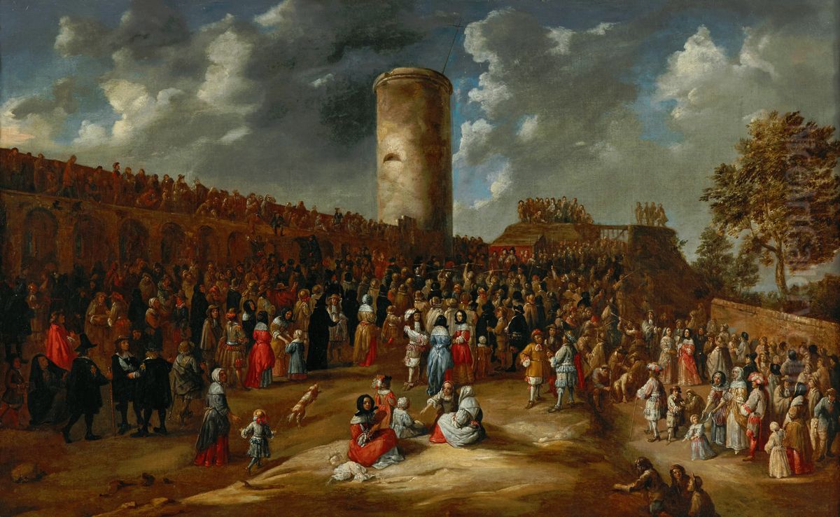 An archery competition outside the walls of a town Oil Painting by Gillis van Tilborgh