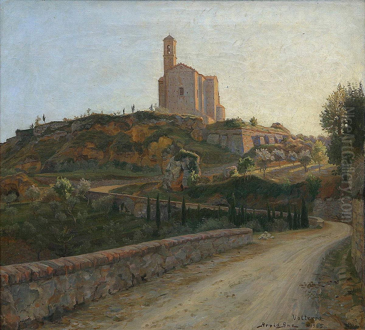 View from Volterra with a church. Oil Painting by Arvid Aae