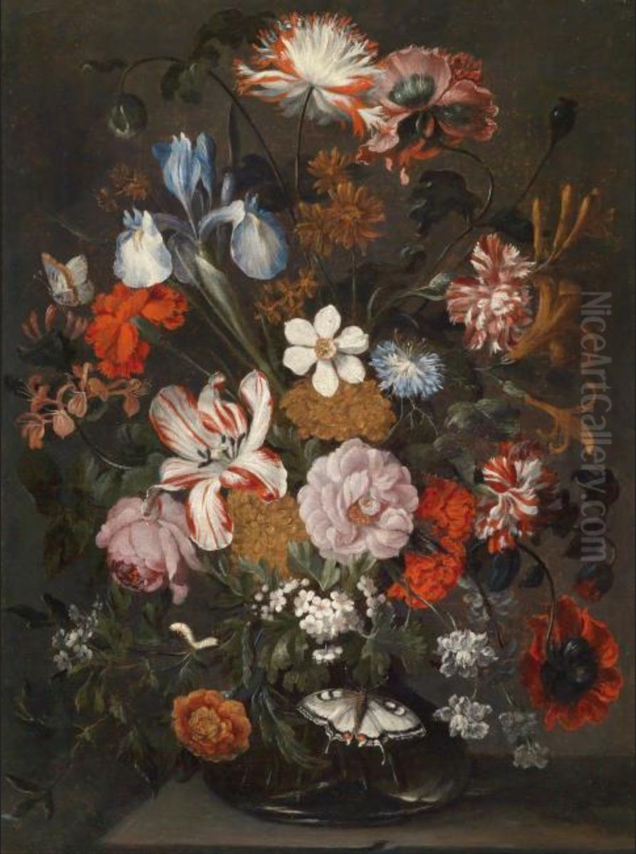 Flower still life in e glass vase with irises, roses, narcissuses and other flowers' Oil Painting by Jan Pieter Brueghel