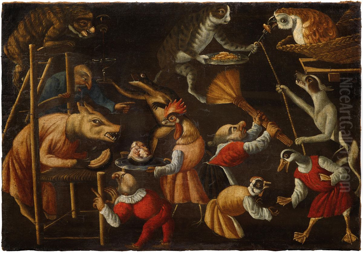 Grotesque scene with animals and dwarf Oil Painting by Master Of The Fertility Of The Egg