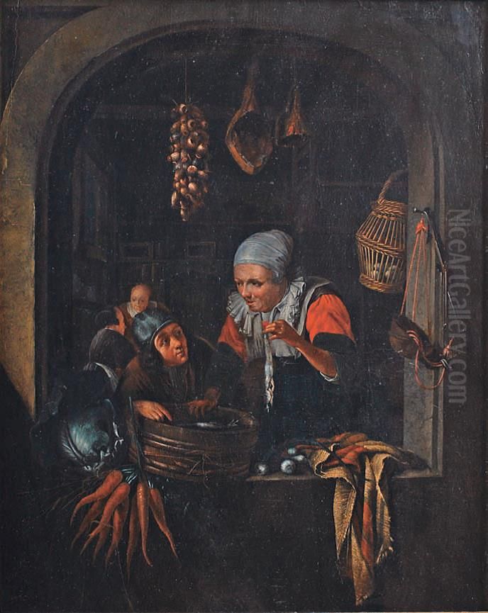 Saleswoman with young boy Oil Painting by Joannes de Cordua