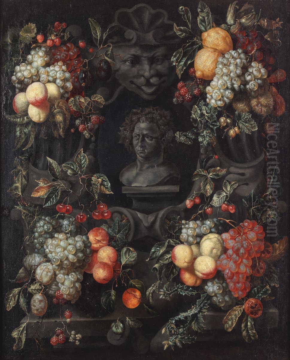 Garland of fruit surrounding a bust of Bacchus in a stone niche Oil Painting by Maria Tassaert