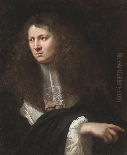 Portrait of a gentleman, bust-length, in a black coat with a lace sleeve and scarf Oil Painting by Jan De Herdt